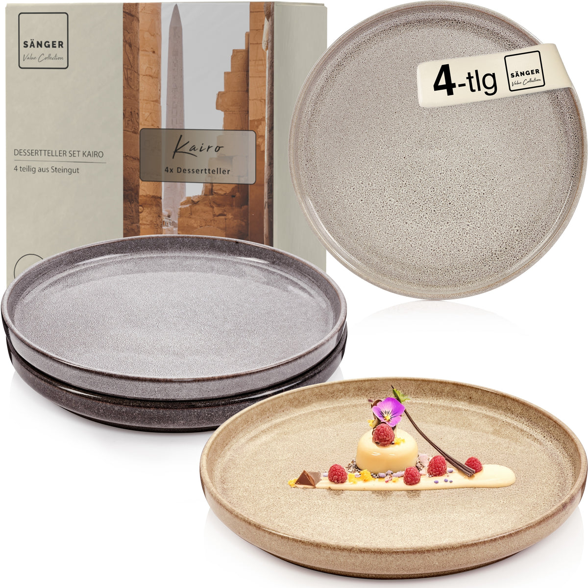 SÄNGER Dessertteller Set Kairo - 4 teilig aus Steingut