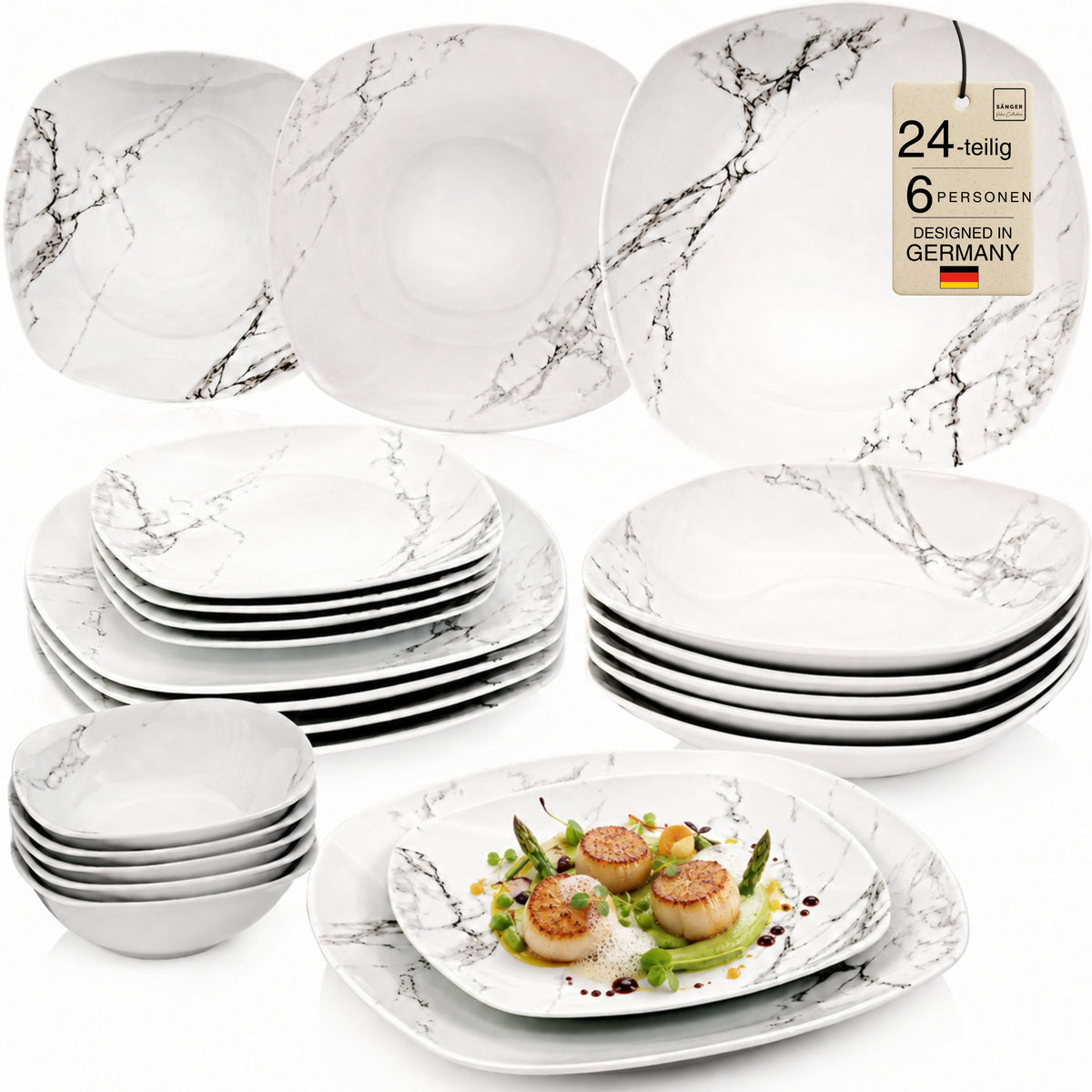 SÄNGER Porcelain Dinnerware Set Bilgola Marble, Dinner Service 24 Pieces for 6 People