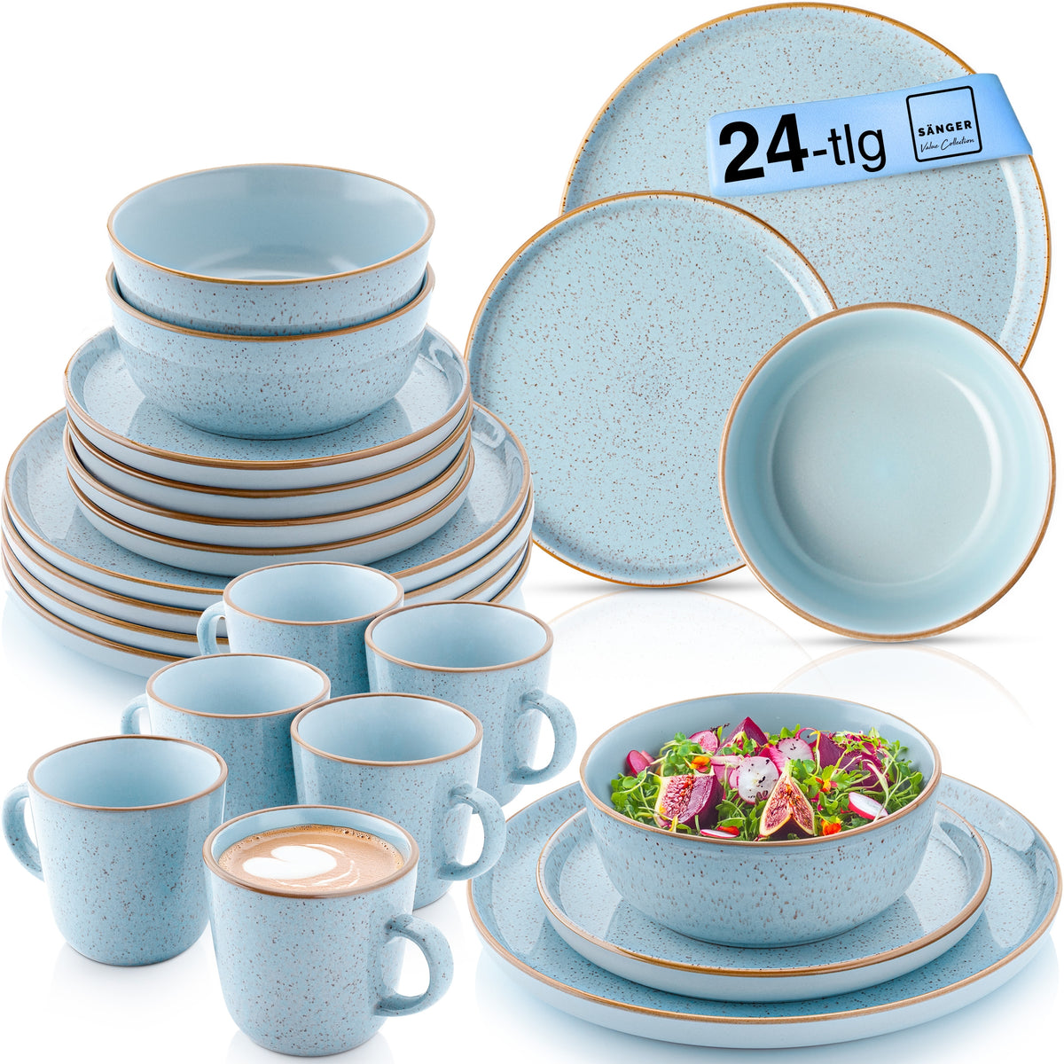 SÄNGER Stoneware Dinner Set Rio Lagune, 24-Piece Combi-Set for 6 People