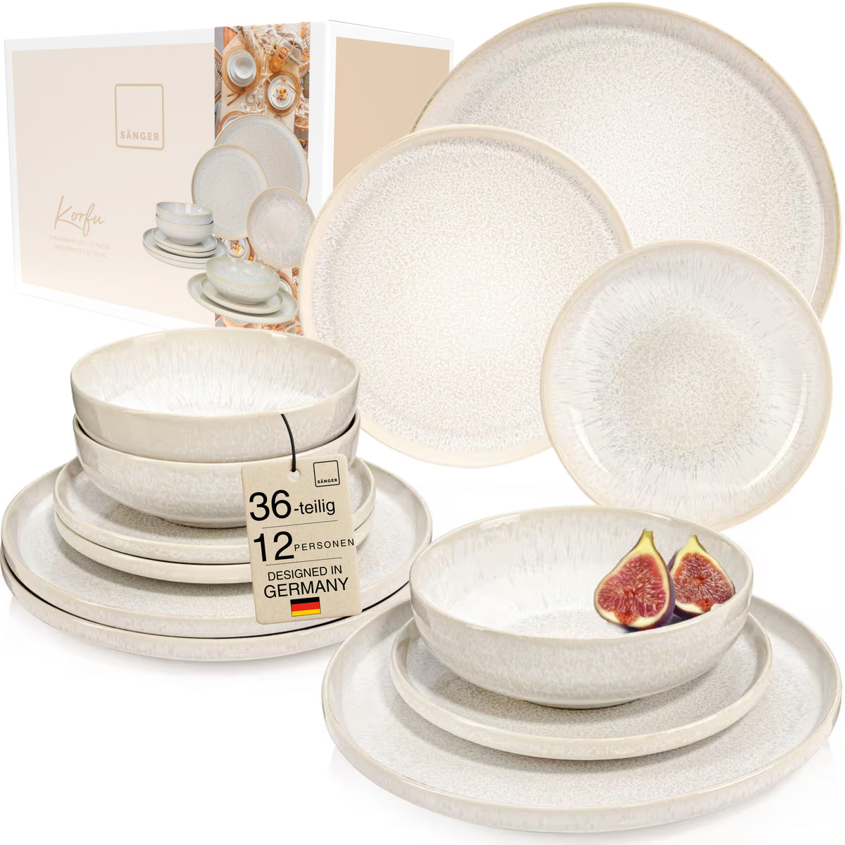SÄNGER Stoneware Dinnerware Set Corfu, Dinner Set 36 Pieces for 12 People