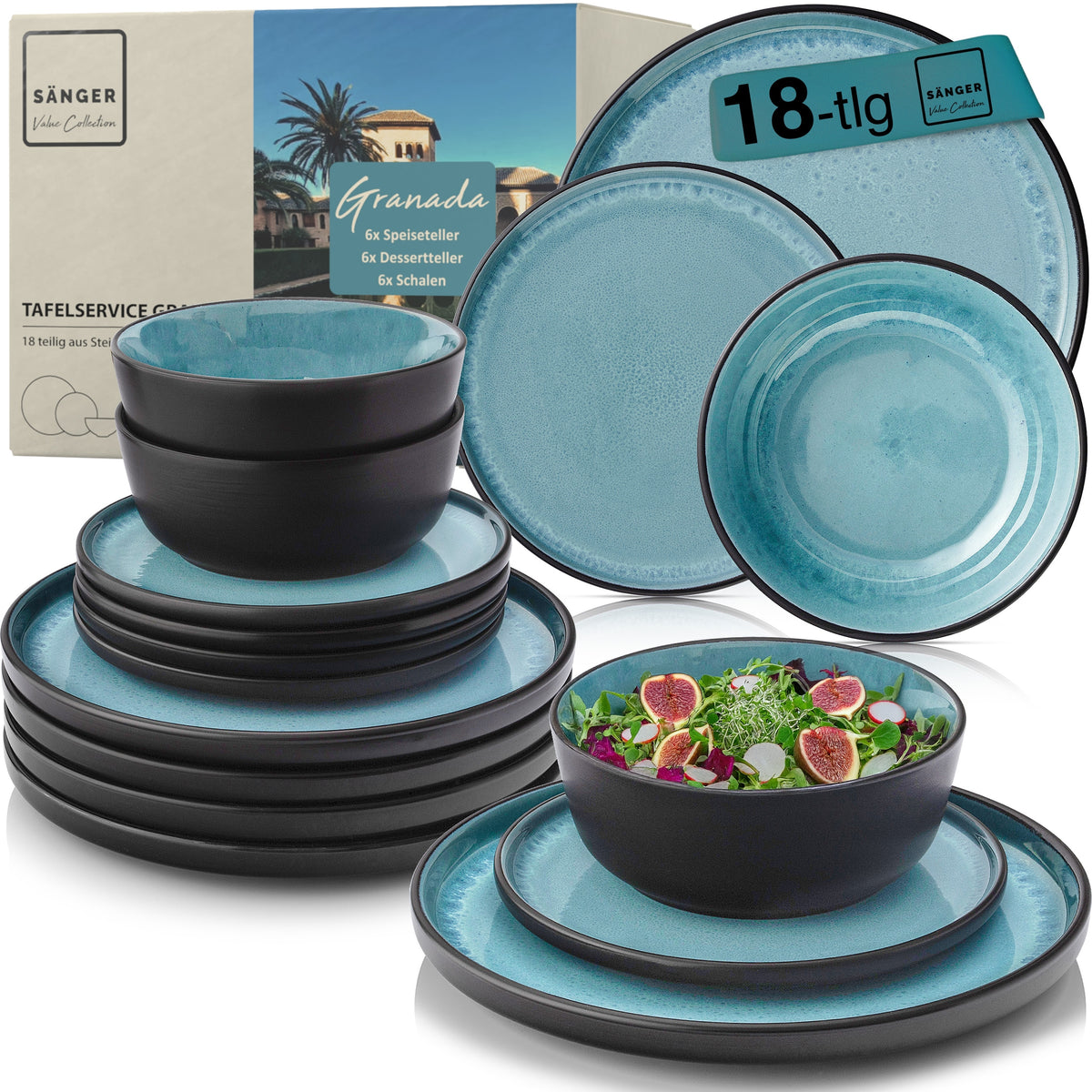 SÄNGER Stoneware Dinnerware Set Granada, 18-Piece Dinner Service for 6 People