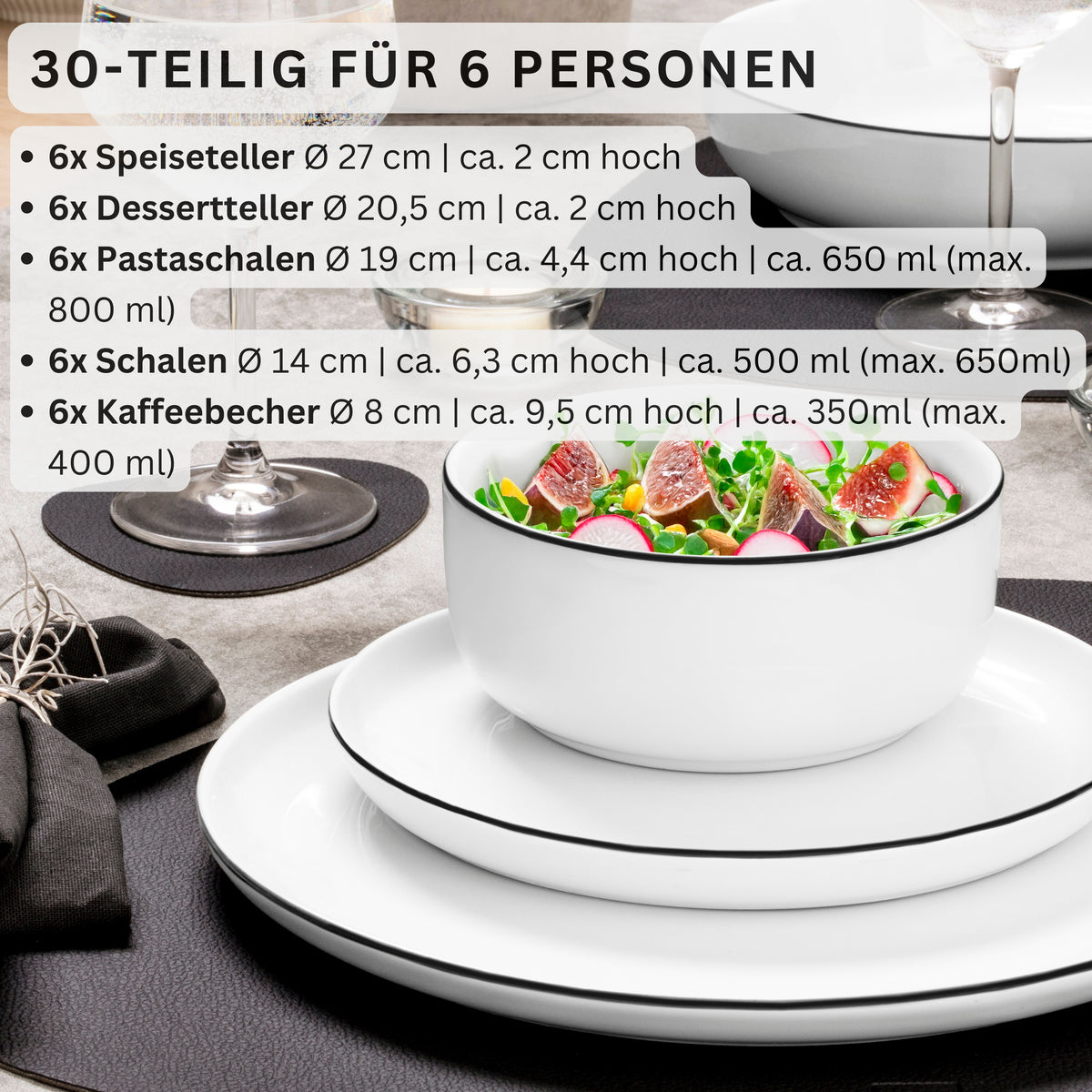 SÄNGER Porcelain Dinnerware Set Marlo Black Rim 30-Piece for 6 People