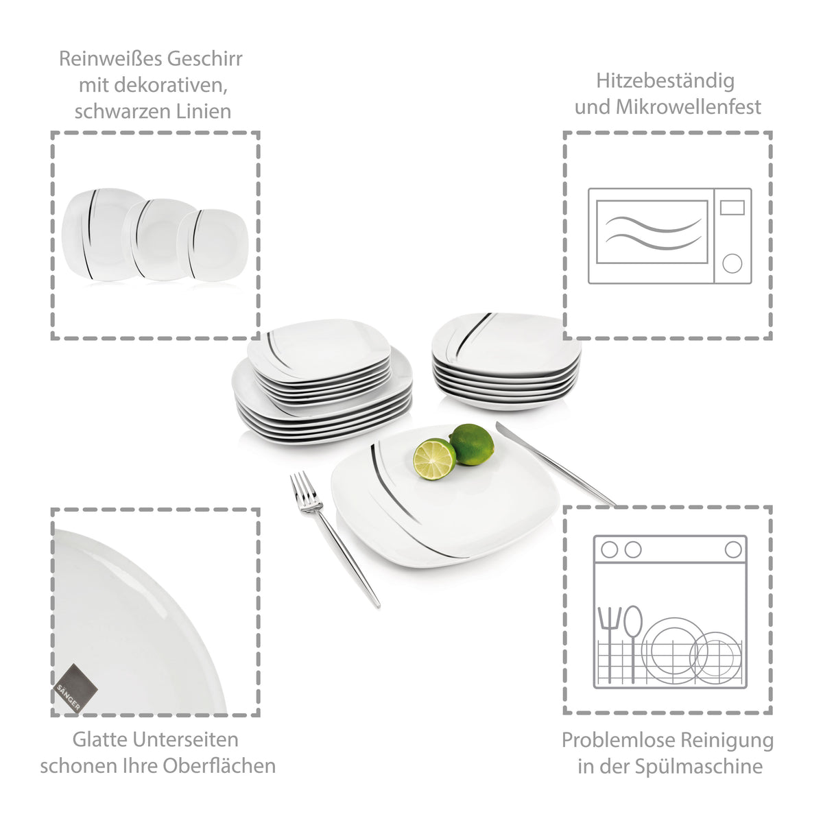 SÄNGER Porcelain Dinnerware Set Bilgola Black Lines, 18-Piece Dinner Service for 6 People
