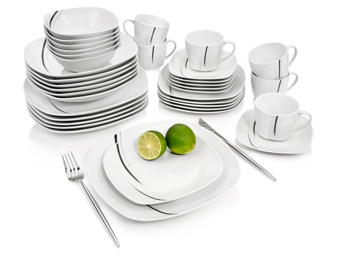SÄNGER Porcelain Dinnerware Set Bilgola Black Lines, Combi-Set 36 Pieces for 6 People