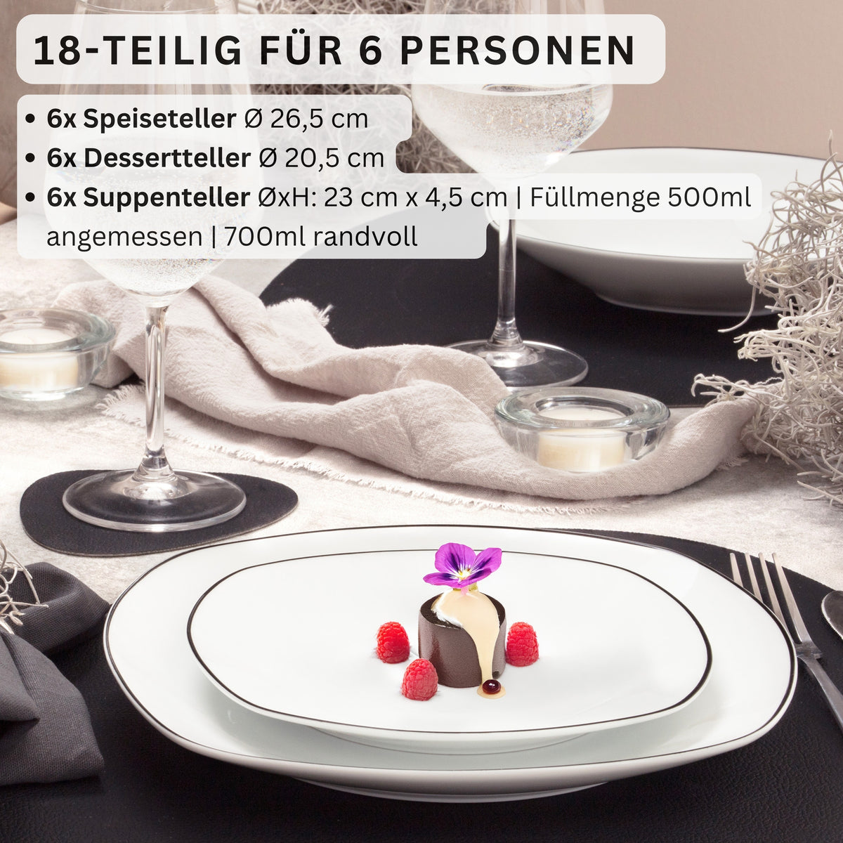 SÄNGER Porcelain Dinnerware Set Bilgola Black Rim, 18-Piece, for 6 People