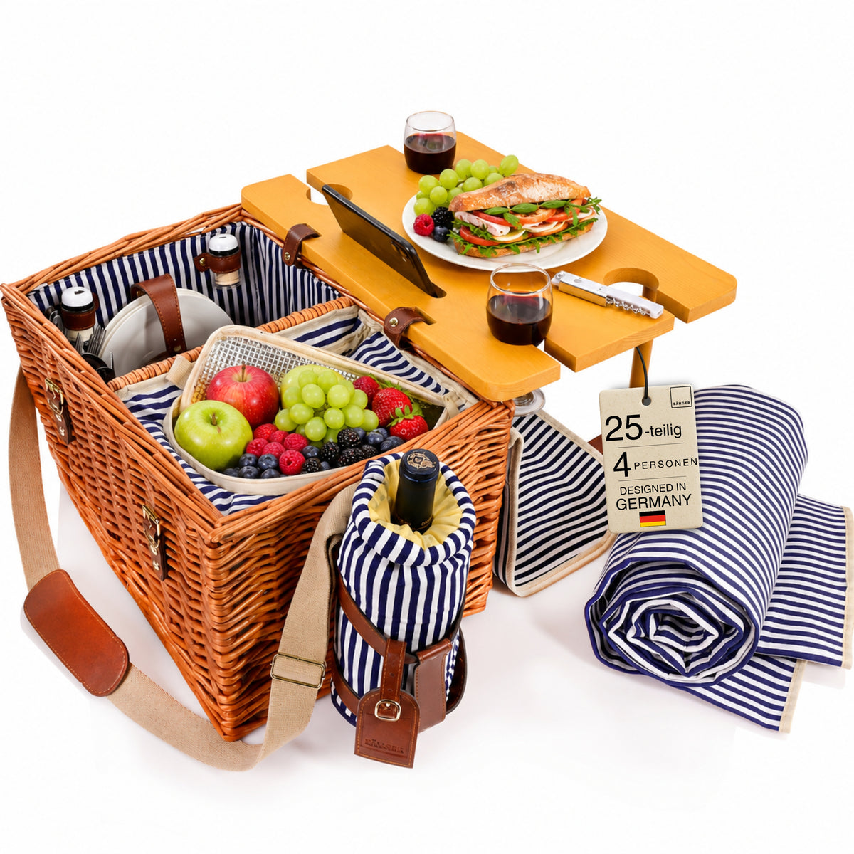 SÄNGER Borkum Picnic Basket with Integrated Table & Cooler Bag, 25 Pieces for 4 People