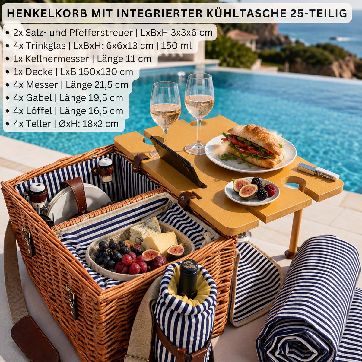 SÄNGER Borkum Picnic Basket with Integrated Table & Cooler Bag, 25 Pieces for 4 People