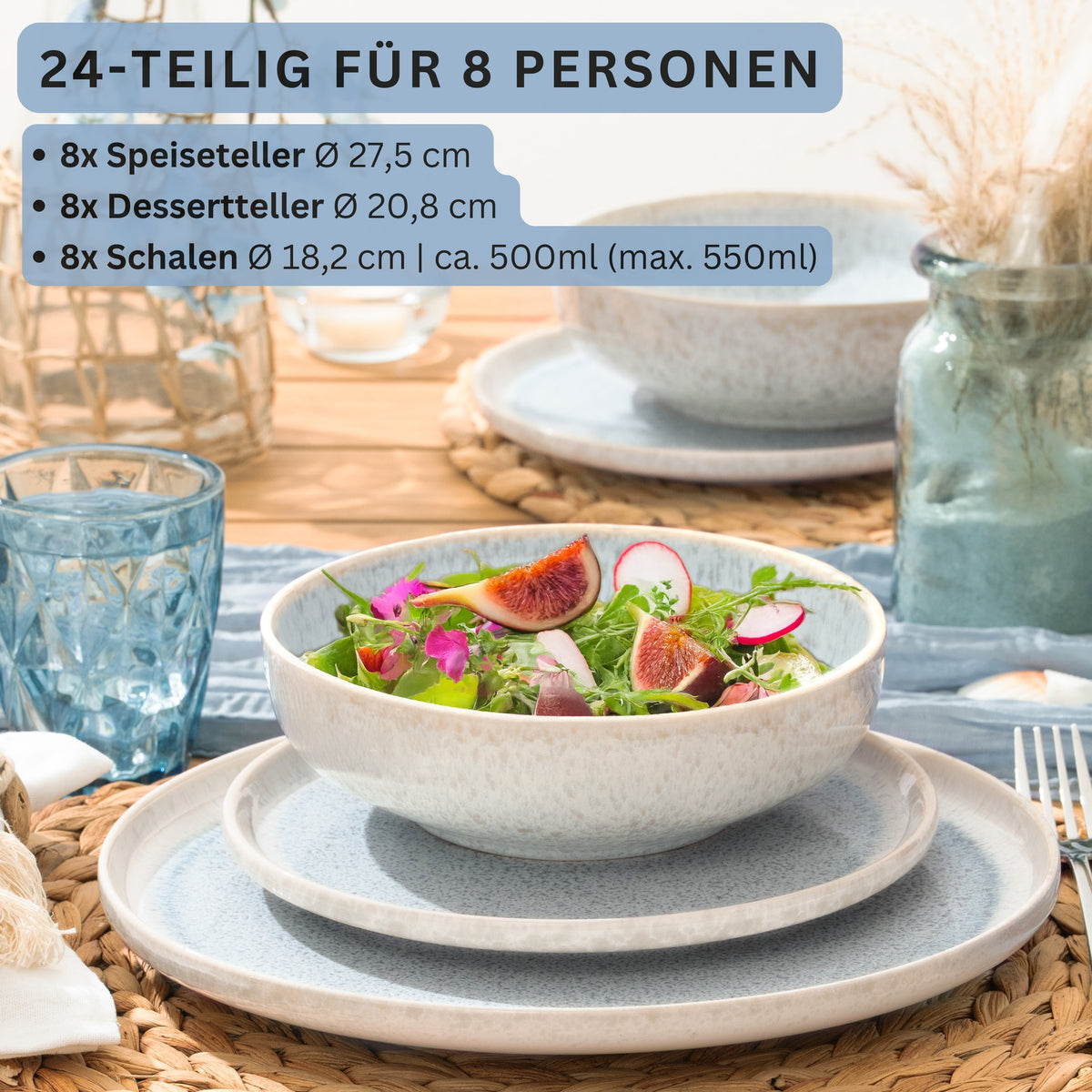 SÄNGER Steingut Geschirrset Santorini, Tafelservice 24 teilig für 8 Personen