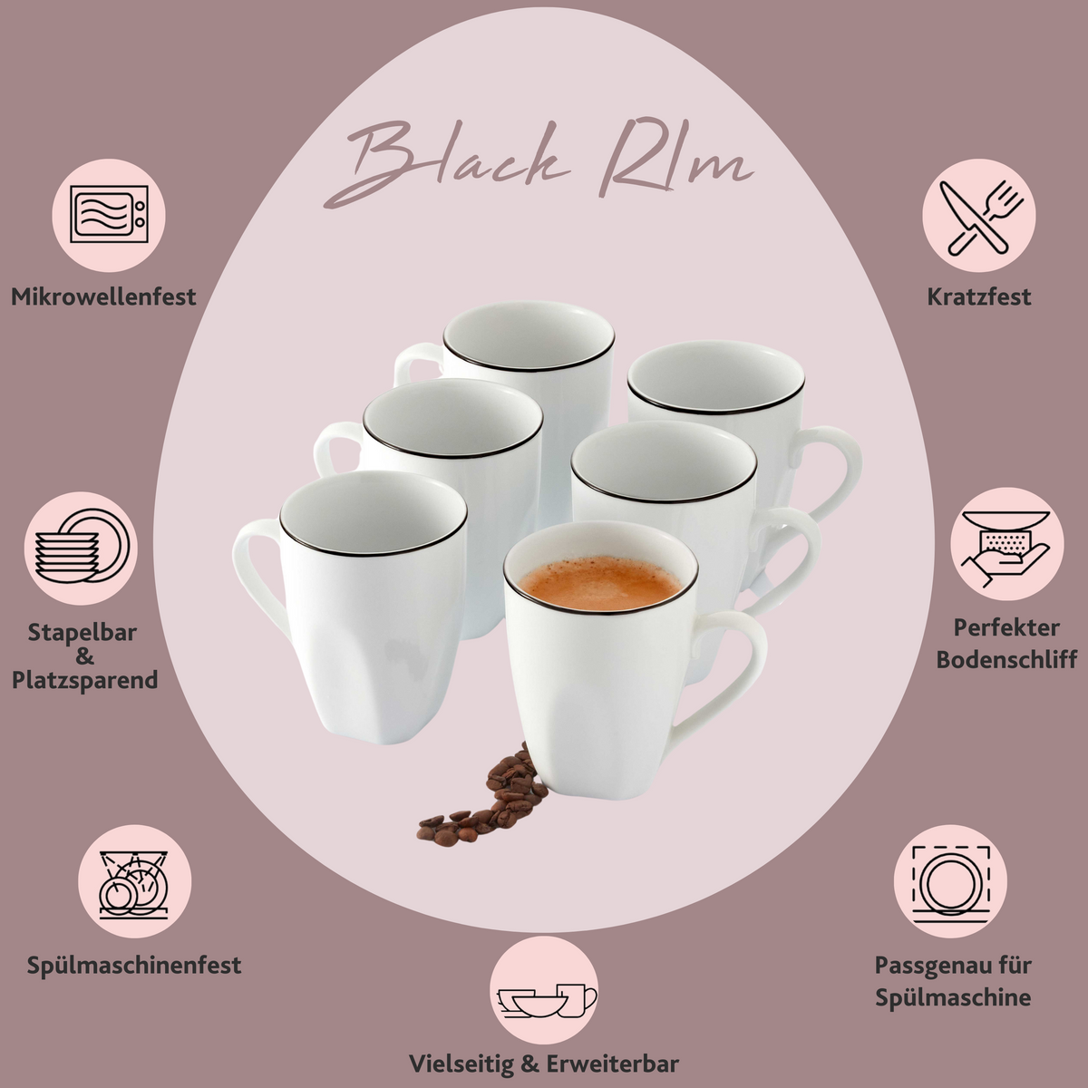 SÄNGER Porcelain Coffee Mug Set Bilgola Black Rim, 6 Pieces