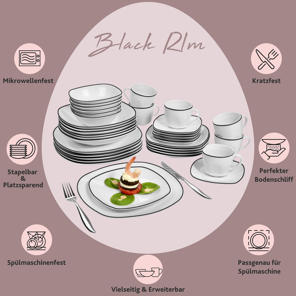 SÄNGER Porcelain Dinnerware Set Bilgola Black Rim 36 Pieces for 6 People