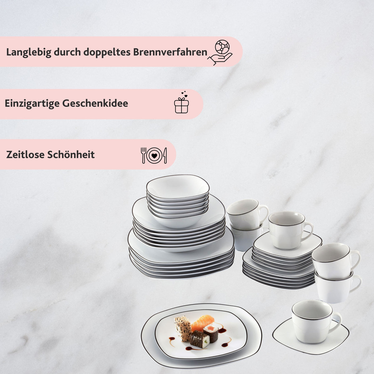 SÄNGER Porzellan Kombiservice Bilgola Black Rim 36 teilig für 6 Personen