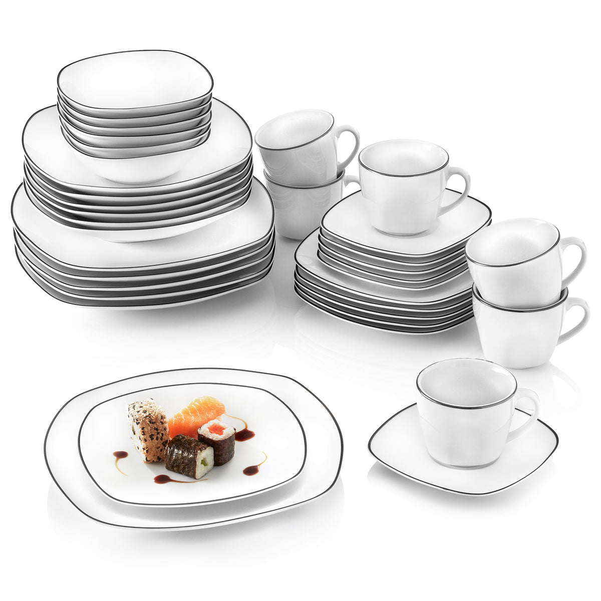 SÄNGER Porcelain Dinnerware Set Bilgola Black Rim 36 Pieces for 6 People