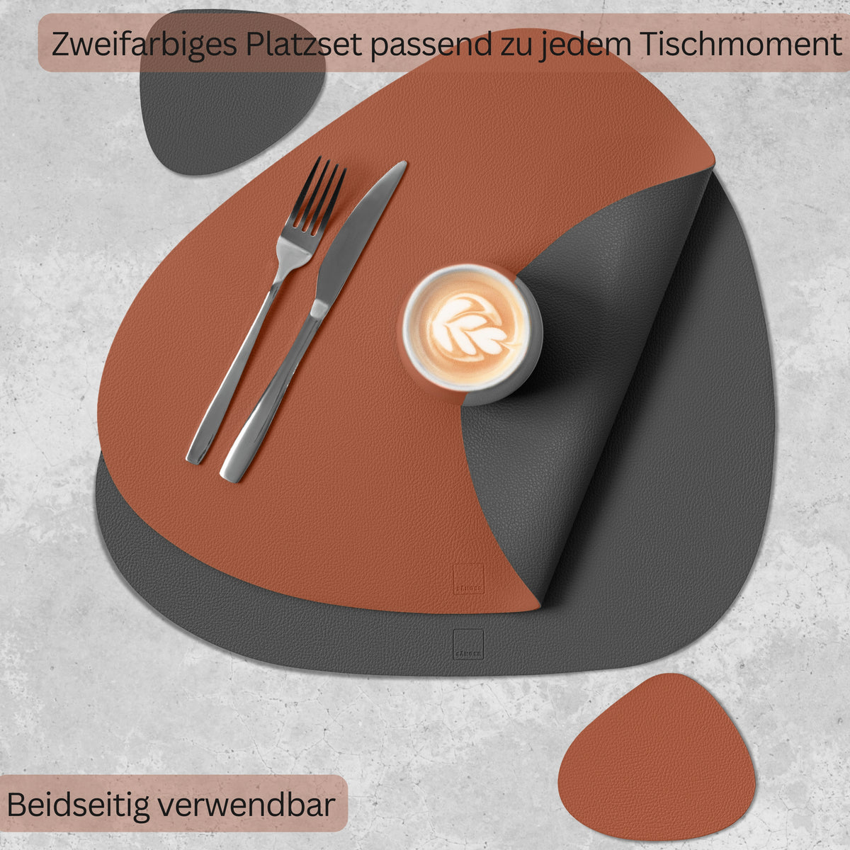 SÄNGER Organic Faux Leather Placemats & Coasters 12-piece Set for 6 People, Anthracite + Brown