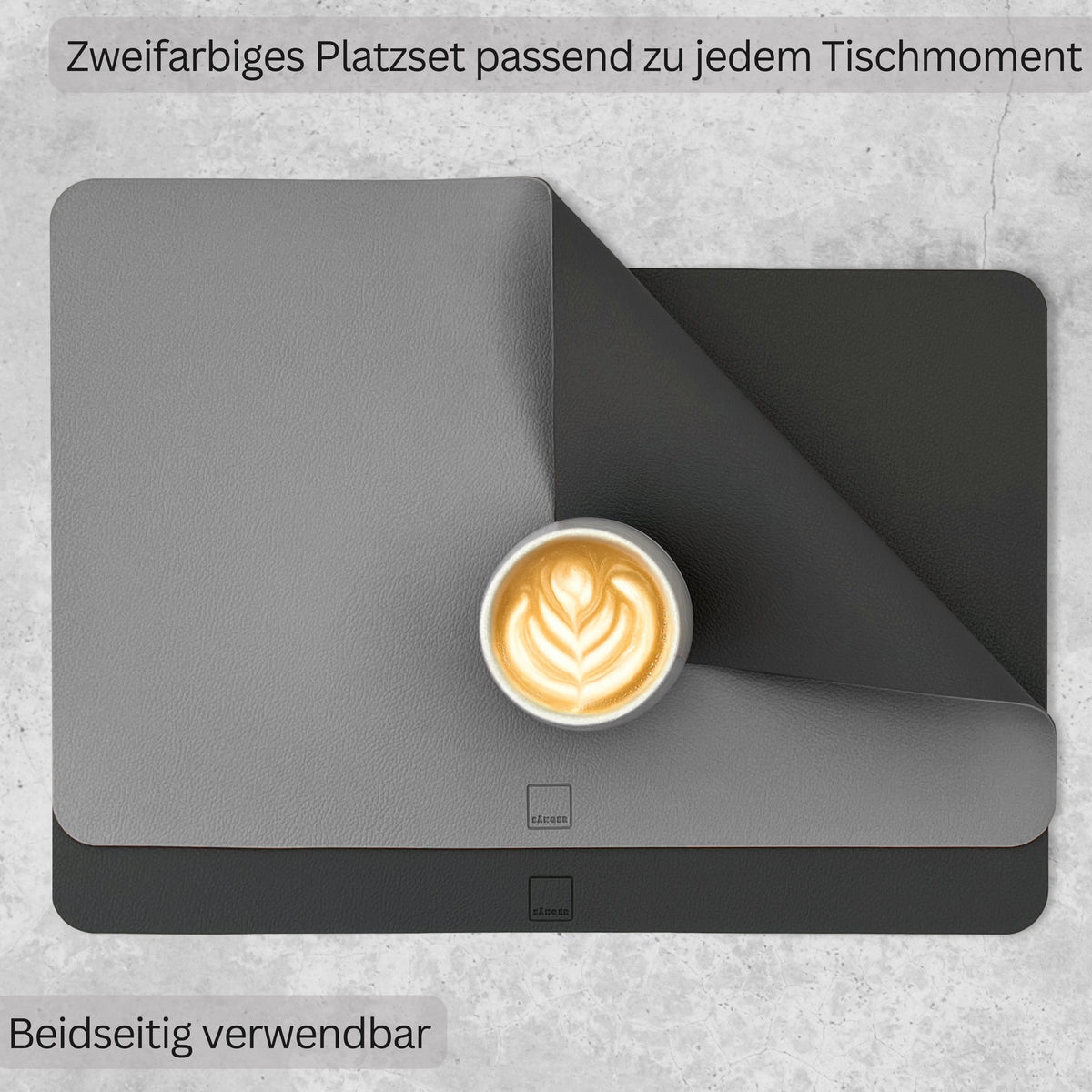 SÄNGER rechteckige Tischsets & Untersetzer aus Kunstleder 8 teilig für 4 Personen, Grau + Schwarz