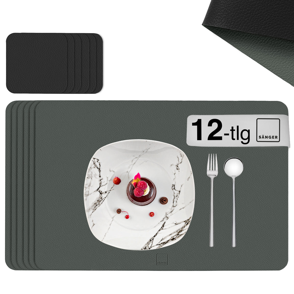 SÄNGER Rectangular Placemats & Coasters Faux Leather 12-Piece for 6 Persons, Grey + Black
