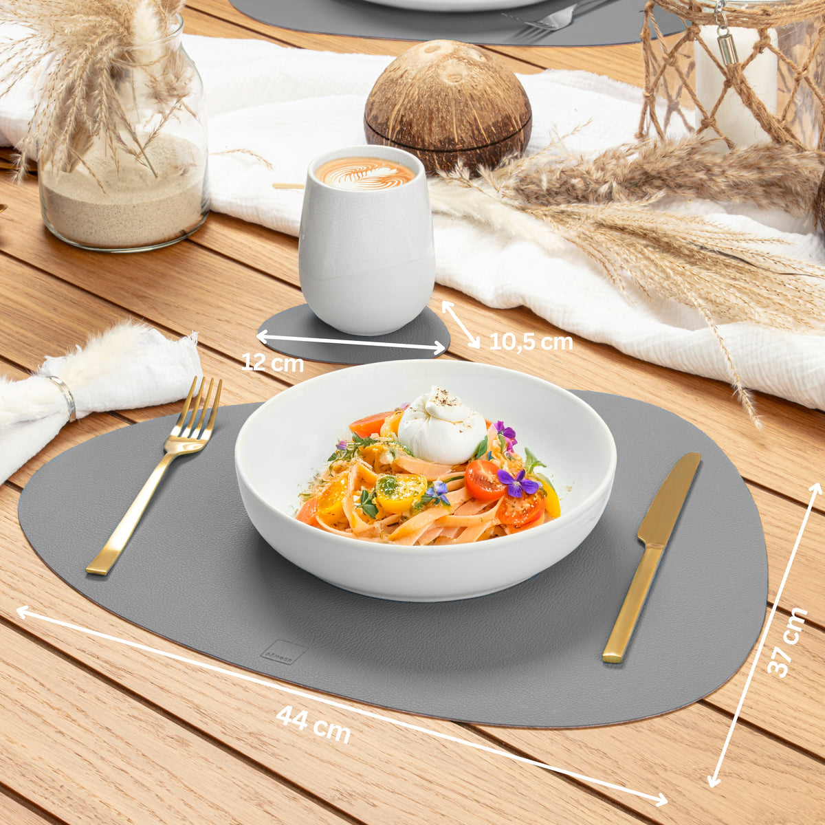 SÄNGER Organic Faux Leather Placemats & Coasters 12-piece set for 6 people, Pink + Grey