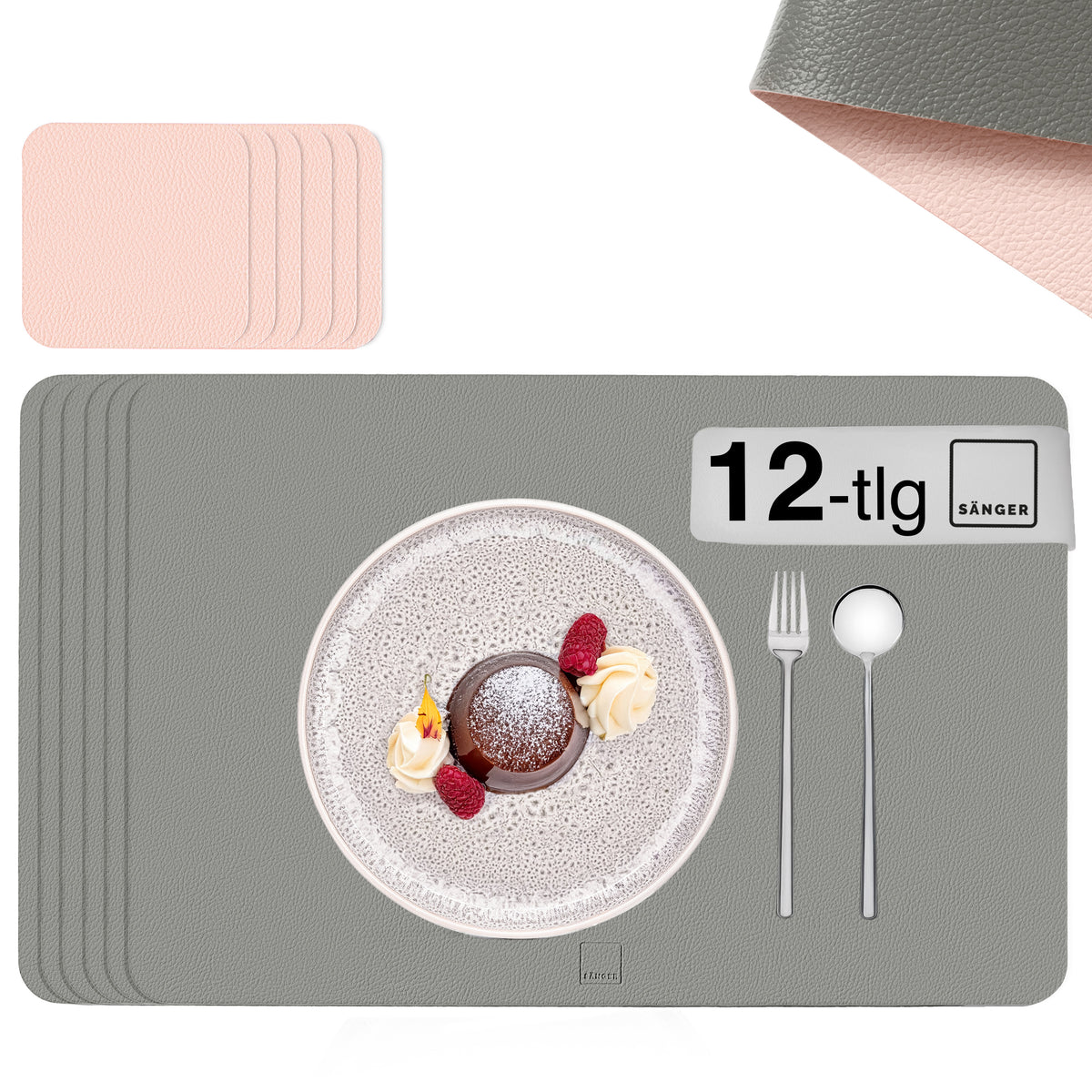 SÄNGER rechteckige Tischsets & Untersetzer aus Kunstleder 12 teilig für 6 Personen, Rosa + Grau