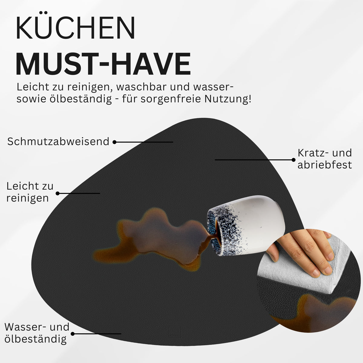 SÄNGER organische Tischsets & Untersetzer aus Kunstleder 12 teilig für 6 Personen, Schwarz + Beige