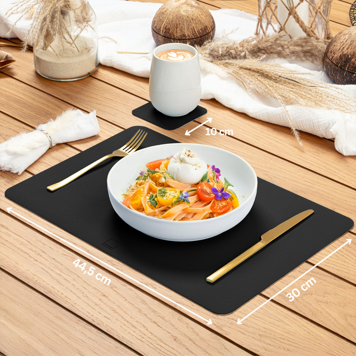 SÄNGER Rectangular Placemats & Coasters in Faux Leather, 12-piece set for 6 People, Black + Cream