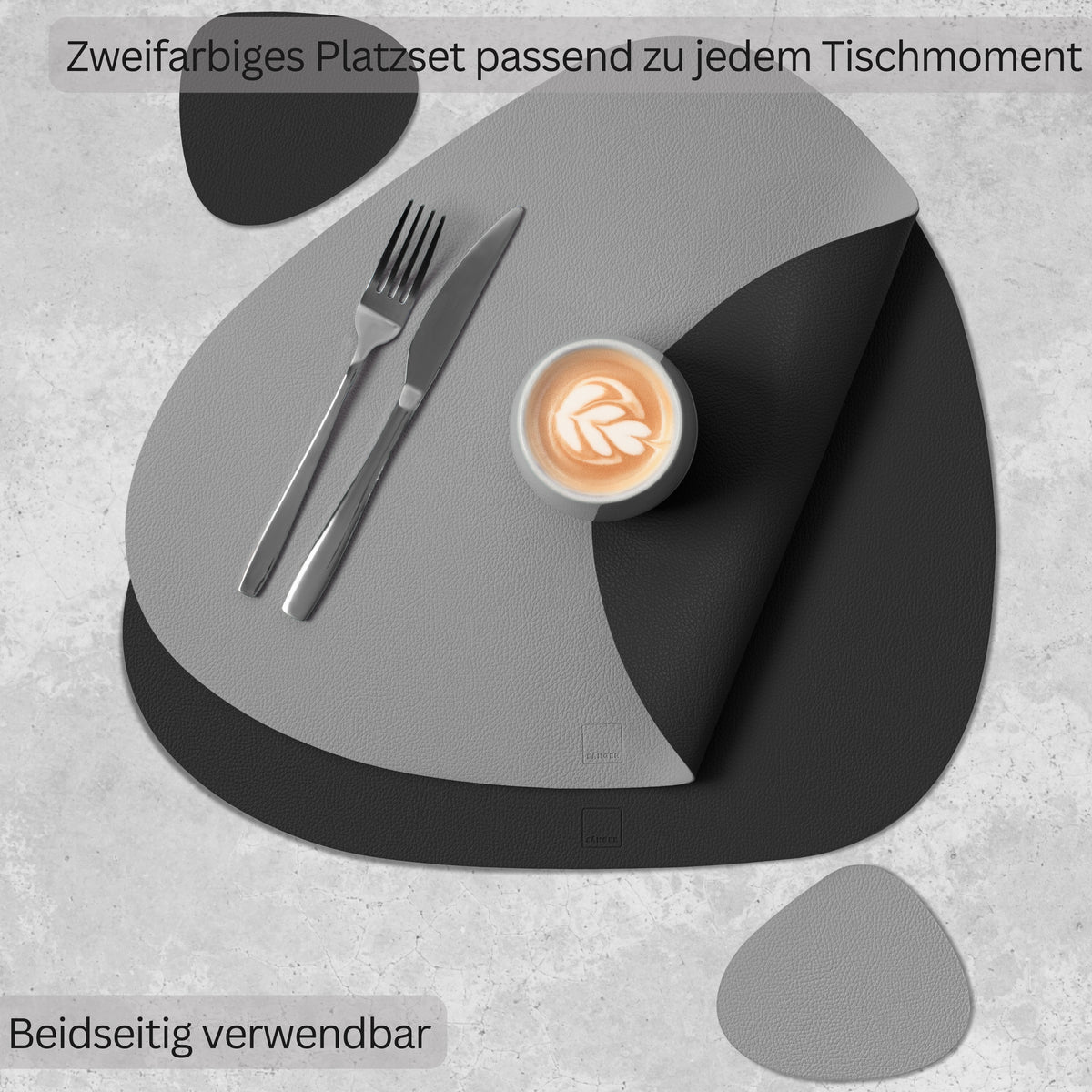 SÄNGER Organic Faux Leather Placemats & Coasters, 12-Piece Set for 6 People, Black + Light Grey