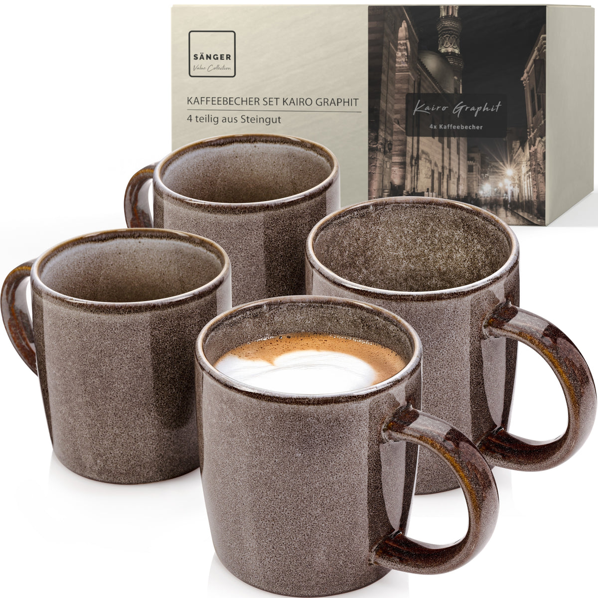 SÄNGER Kaffeebecher Set Kairo Graphit - 4 teilig aus Steingut