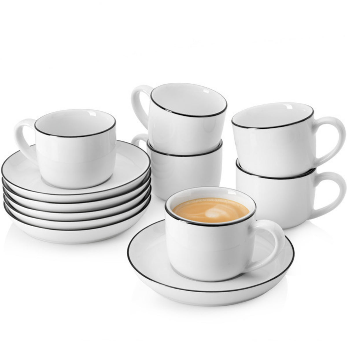 SÄNGER Porcelain Coffee Cup Set Marlo Black Rim 12-Piece for 6 People