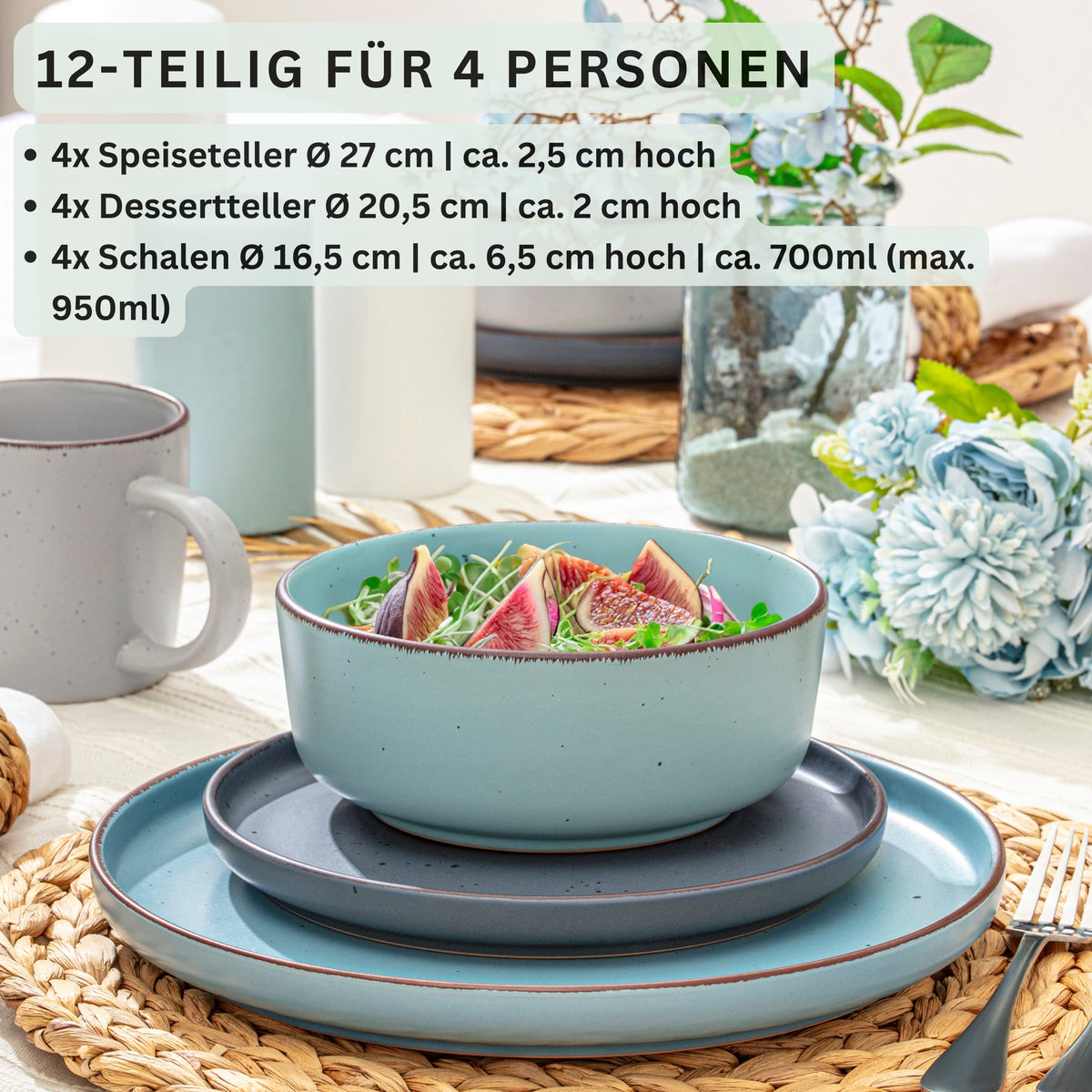 SÄNGER Stoneware Dinnerware Set Bombay Sky Shades 12-Piece for 4 People