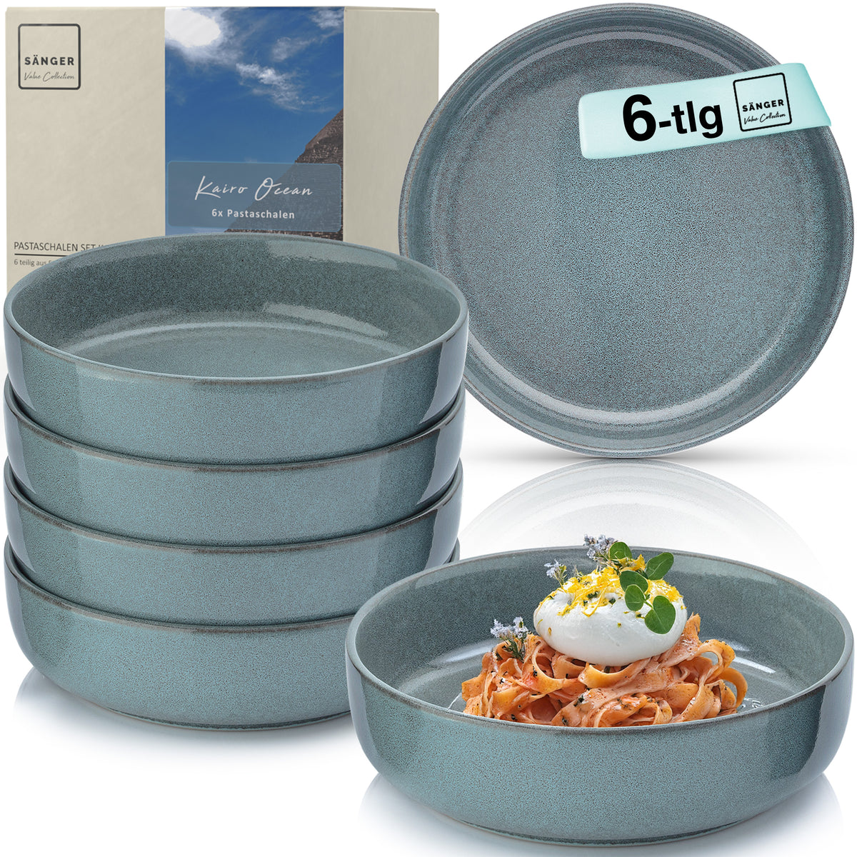 SÄNGER Stoneware Pasta Bowls Cairo Ocean 6 Pieces