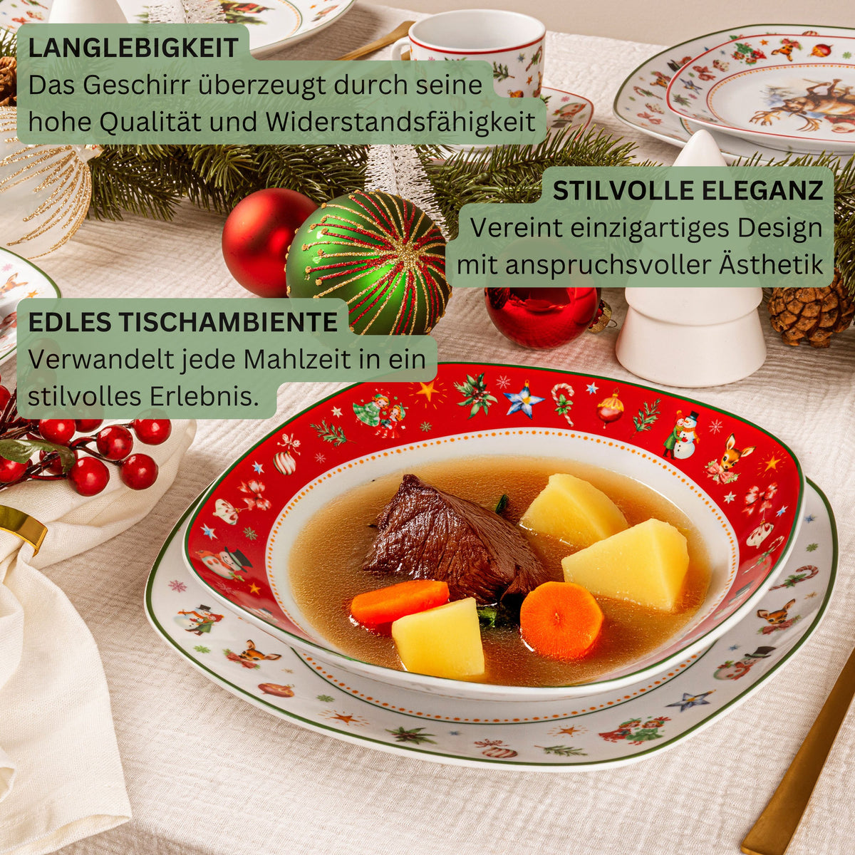 SÄNGER Porcelain Dinnerware Set Bilgola Christmas Design, 24-piece dinner service for 6 people