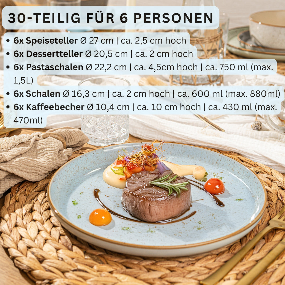 SÄNGER Steingut Geschirrset Rio Lagune, Kombiservice 30 teilig für 6 Personen