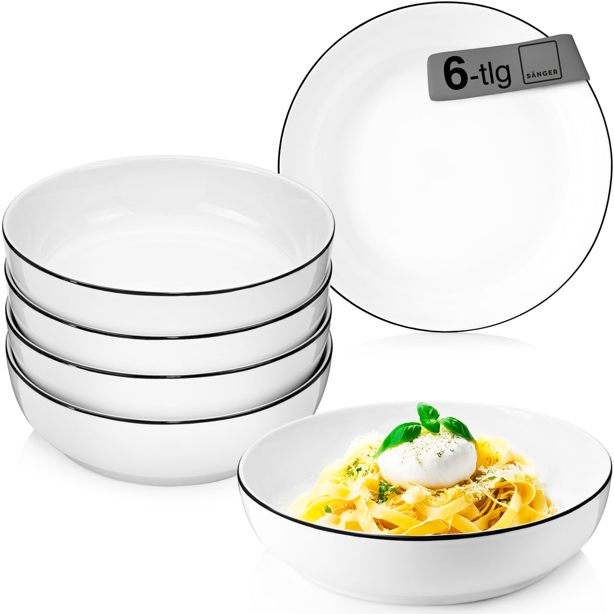 SÄNGER Porcelain Pasta Bowls Marlo Black Rim 6-piece for 6 people