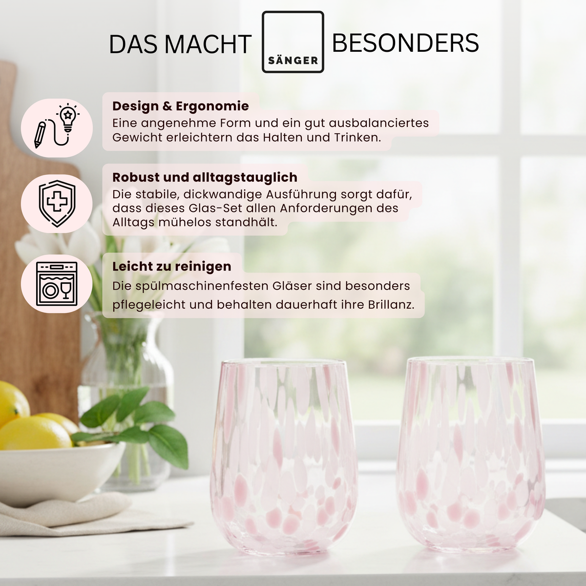 SÄNGER Trinkgläser Set Curacao 4 teilig - weiß/rosa