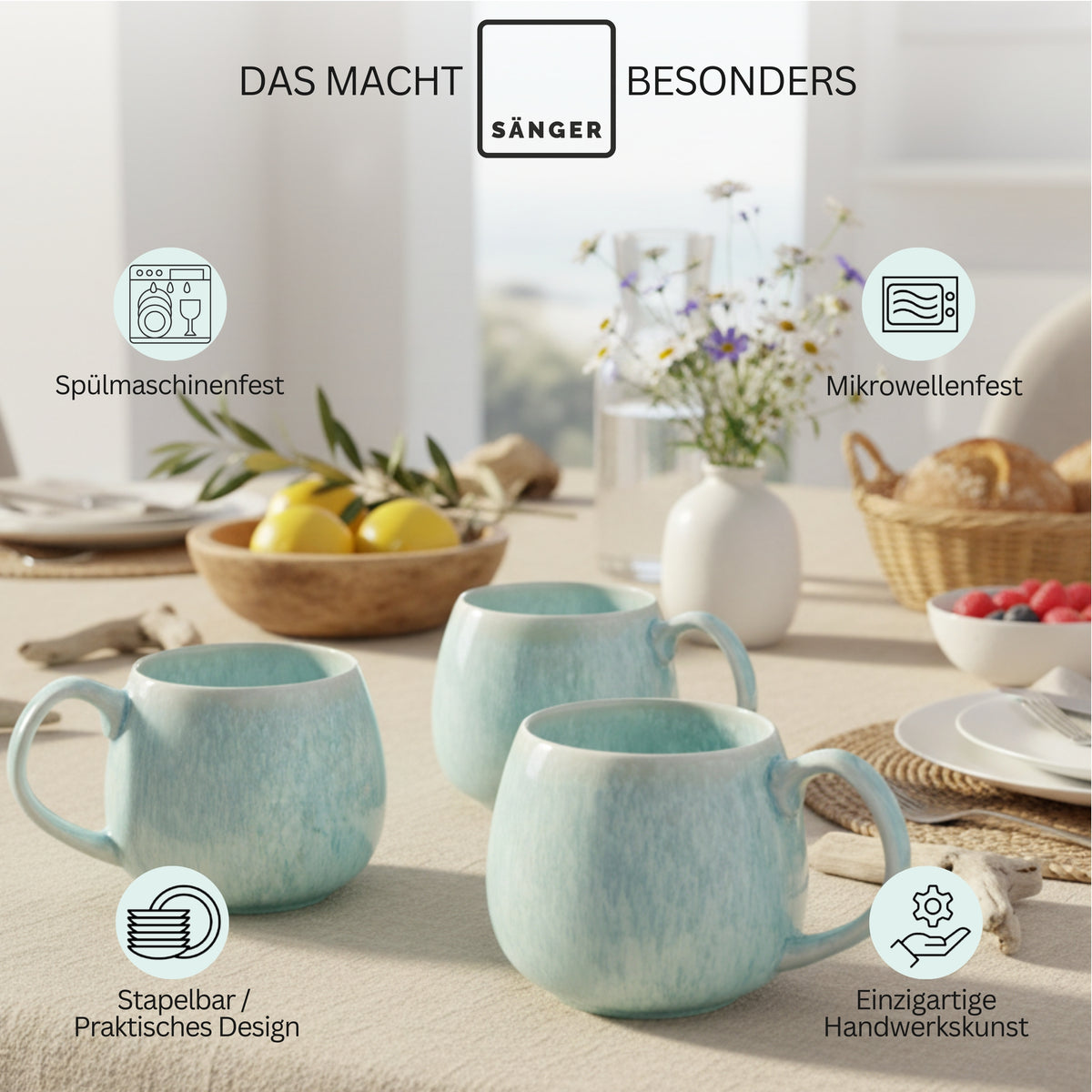 SΓNGER Stoneware Dinnerware Set Paros, 16-piece Combi Set for 4 People