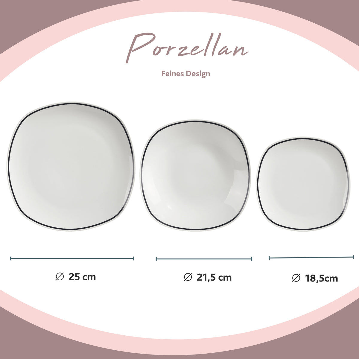 SÄNGER Porzellan Geschirrset Bilgola Black Rim, Tafelservice 24 teilig für 6 Personen