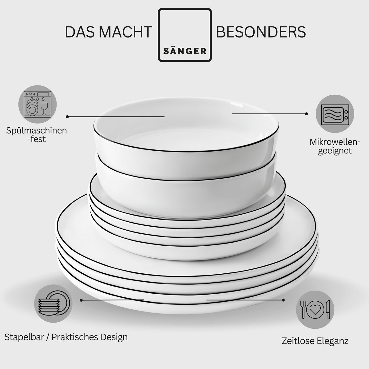 SÄNGER Porzellan Geschirrset Marlo Black Rim 18-teilig für 6 Personen