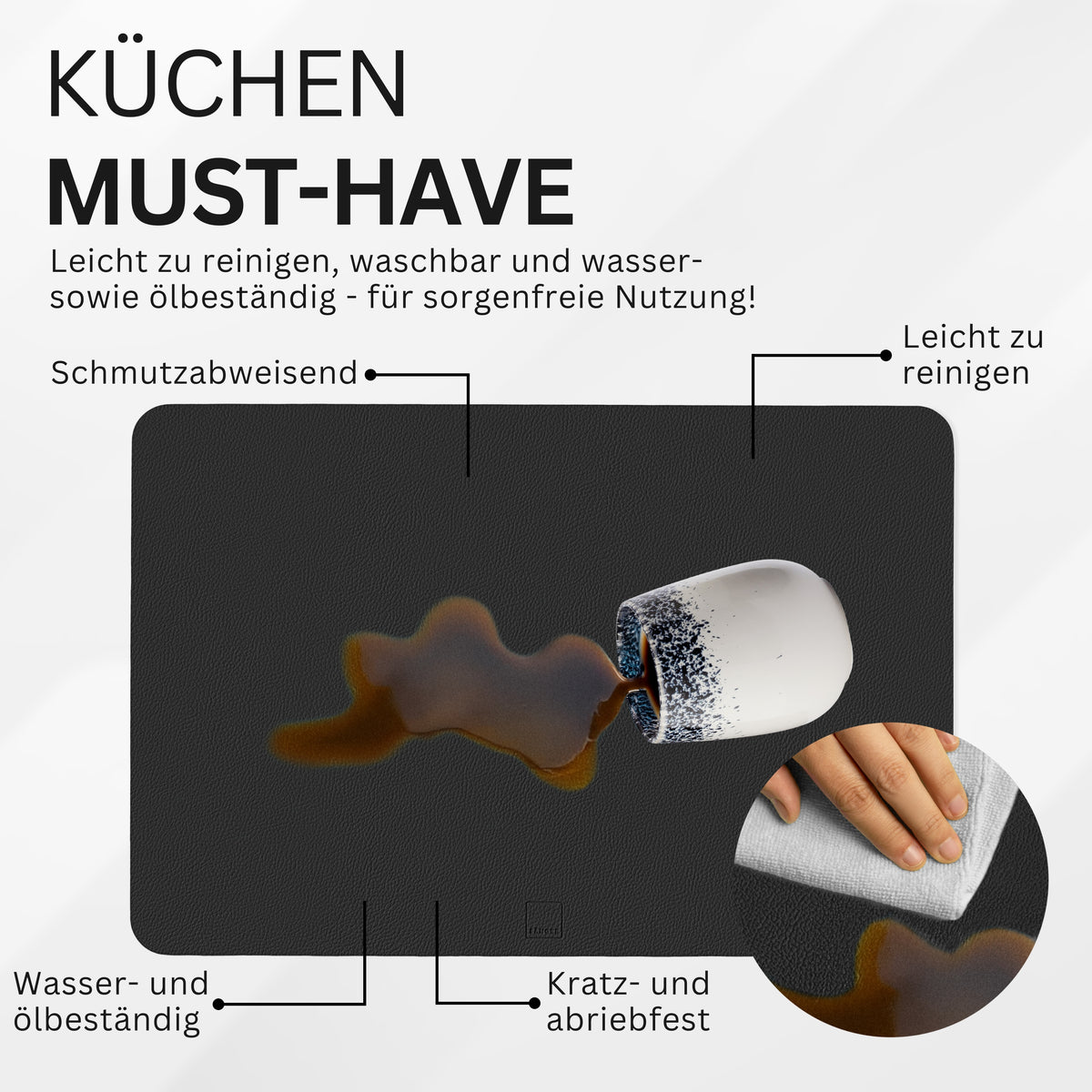 SÄNGER rechteckige Tischsets & Untersetzer aus Kunstleder 12 teilig für 6 Personen, Schwarz + Hellgrau