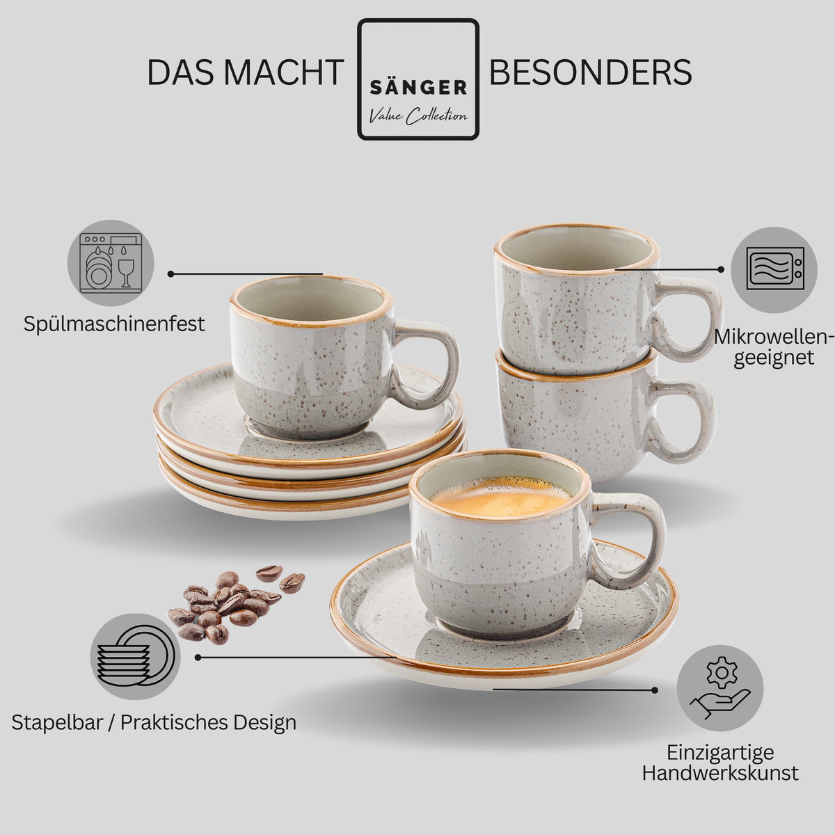 SÄNGER Espressotassen Set Rio Perlgrau 8 teilig für 4 Personen