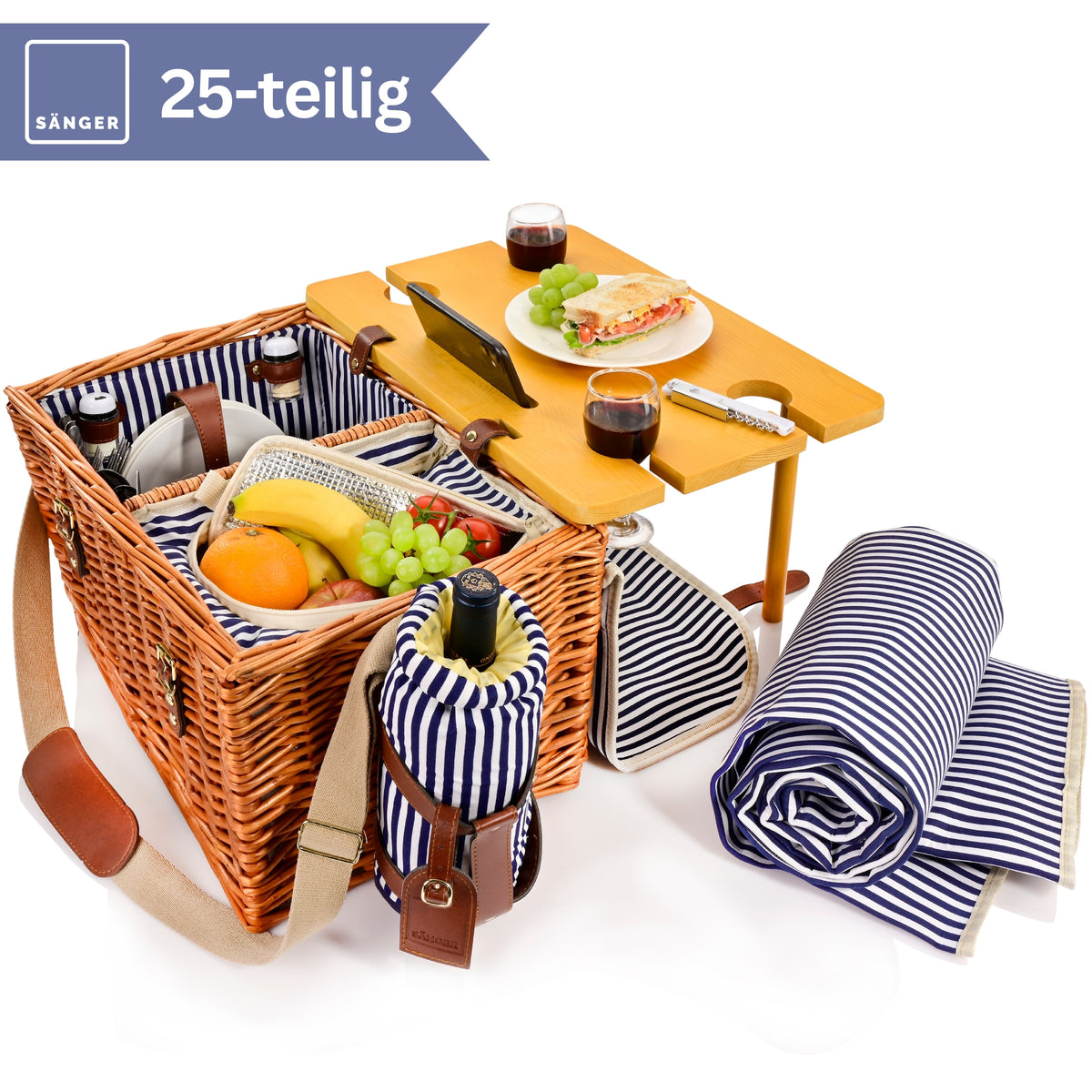 SÄNGER Borkum Picnic Basket with Integrated Table & Cooler Bag, 25 Pieces for 4 People