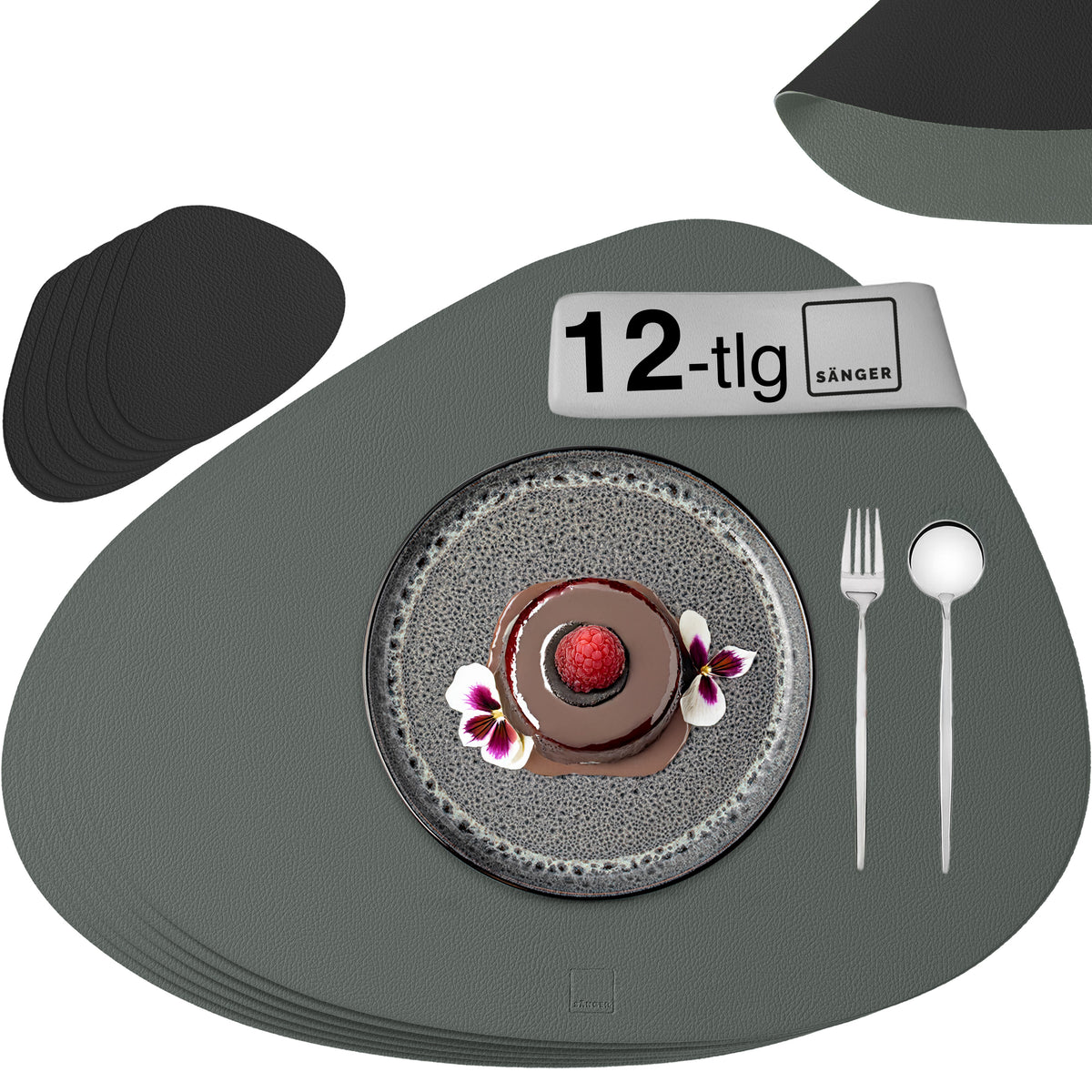 SÄNGER Organic Faux Leather Placemats & Coasters 12 Pieces for 6 People, Grey + Black