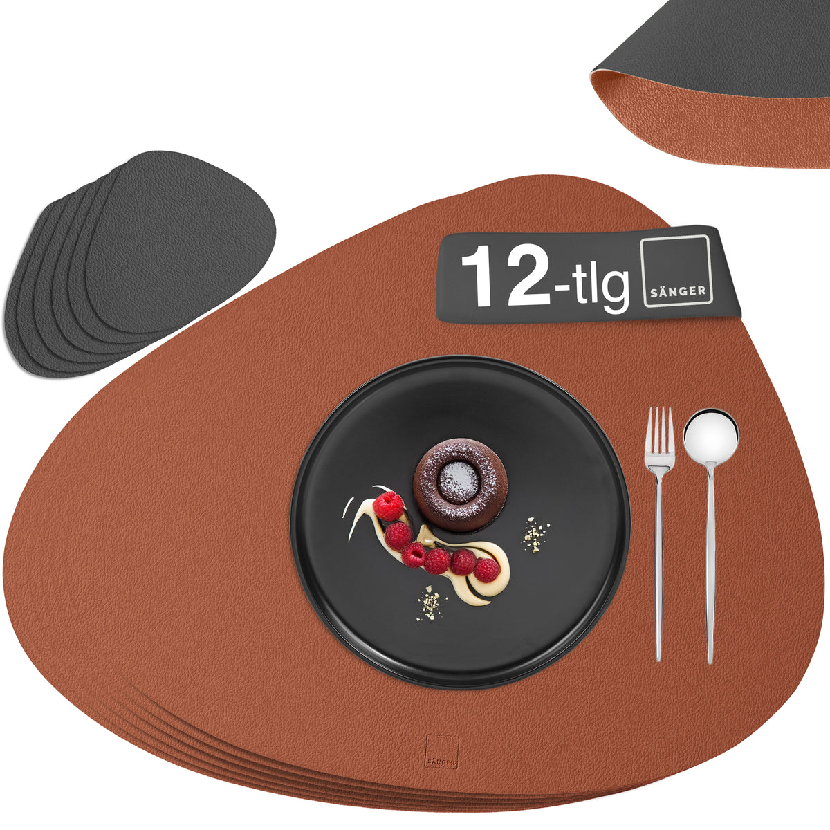 SÄNGER Organic Faux Leather Placemats & Coasters 12-piece Set for 6 People, Anthracite + Brown