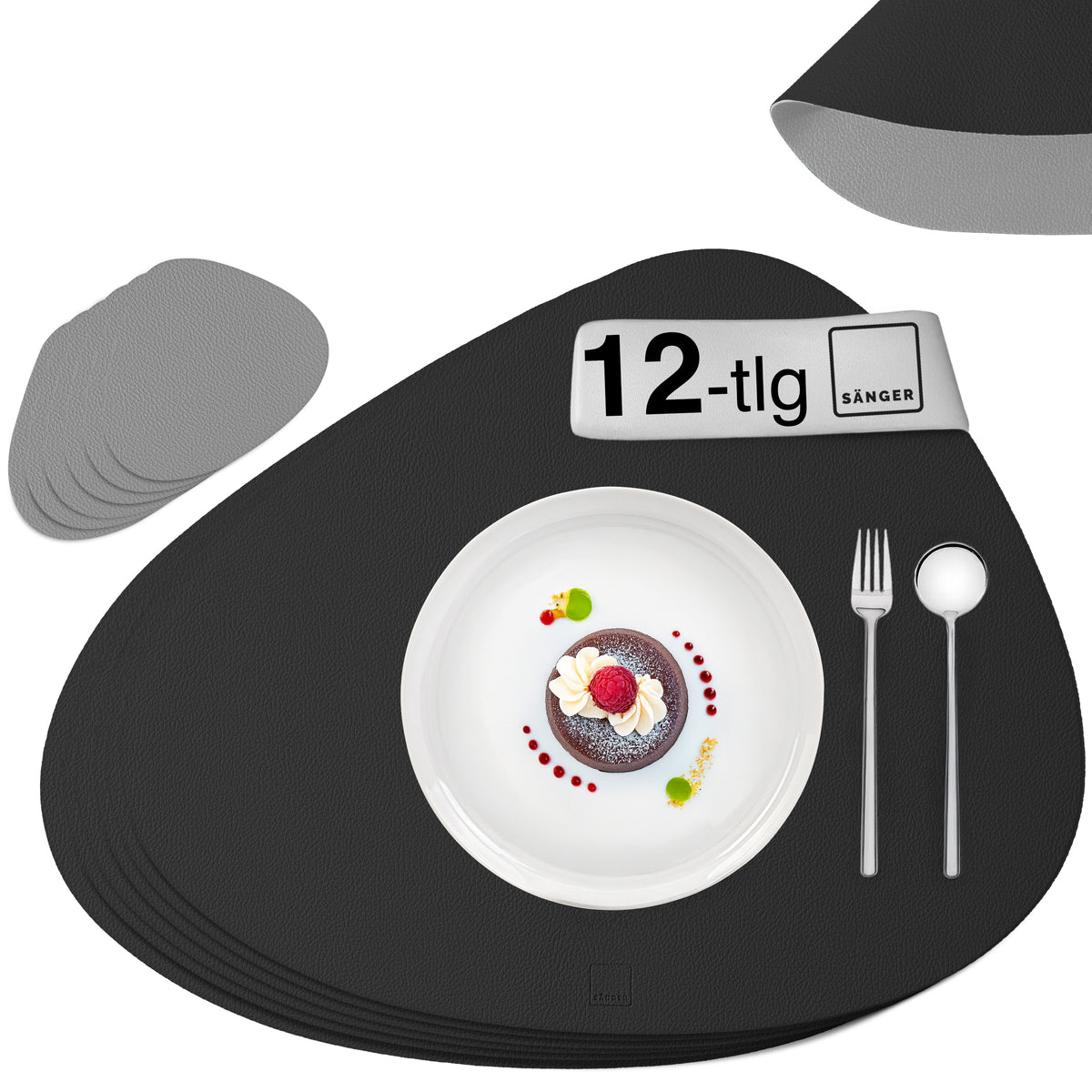 SÄNGER Organic Faux Leather Placemats & Coasters, 12-Piece Set for 6 People, Black + Light Grey
