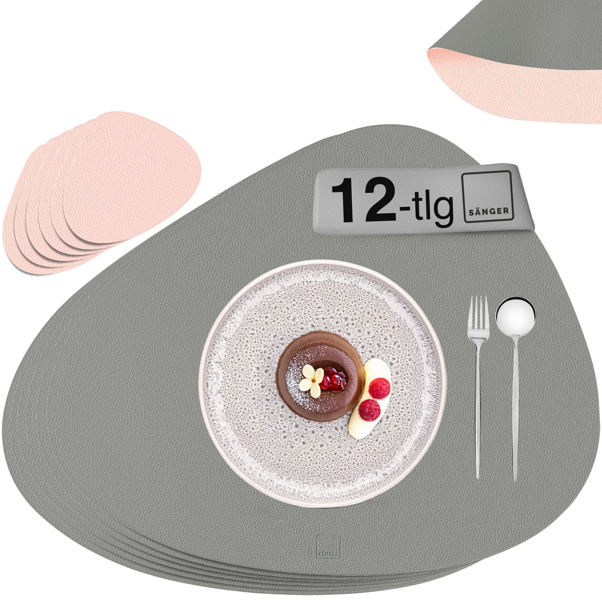 SÄNGER Organic Faux Leather Placemats & Coasters 12-piece set for 6 people, Pink + Grey