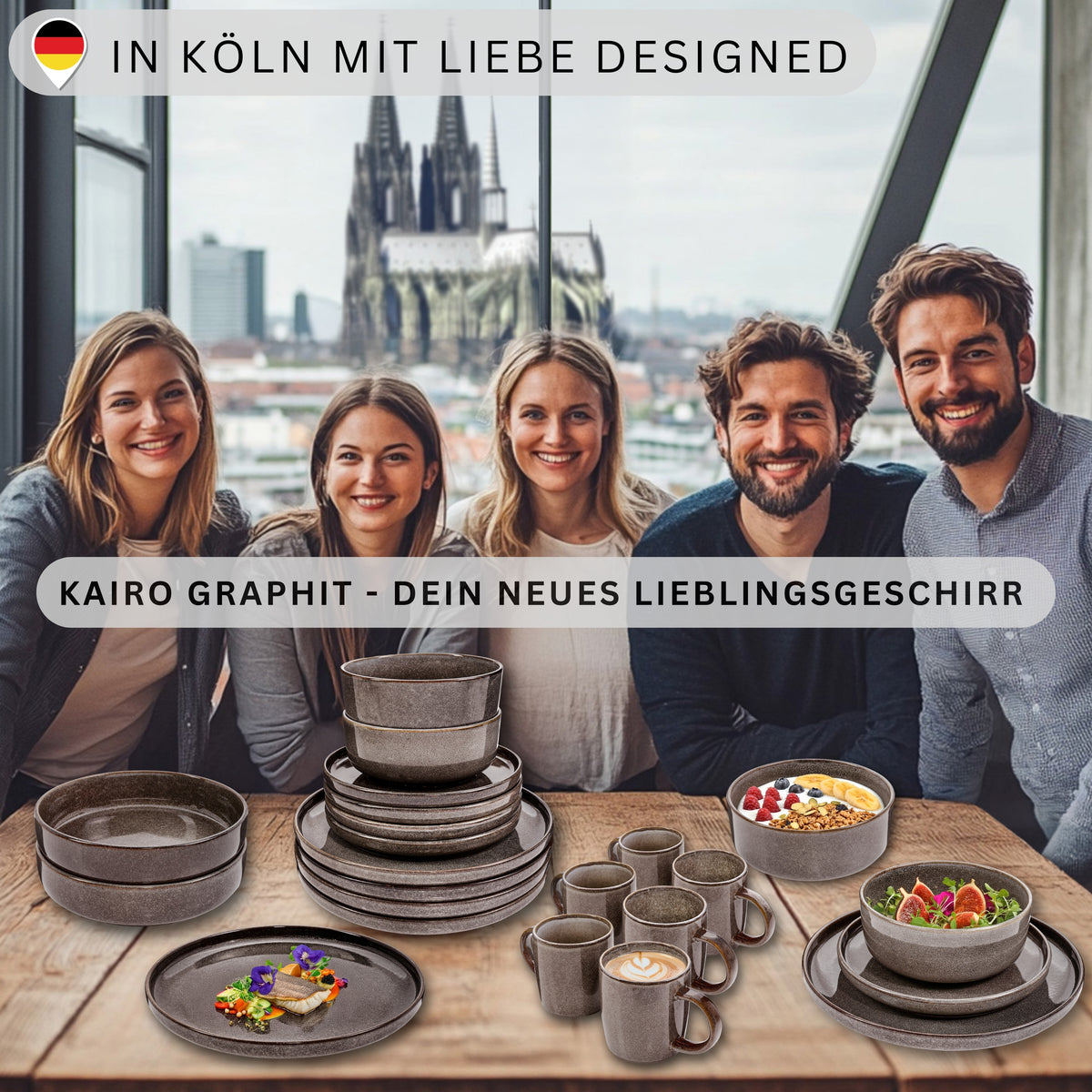 SÄNGER Kaffeebecher Set Kairo Graphit - 4 teilig aus Steingut
