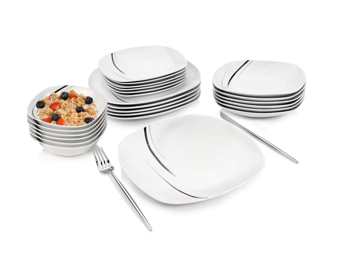 Porcelain Dinnerware Set Bilgola Black Lines, 24-Piece Combi-Set for 6 People