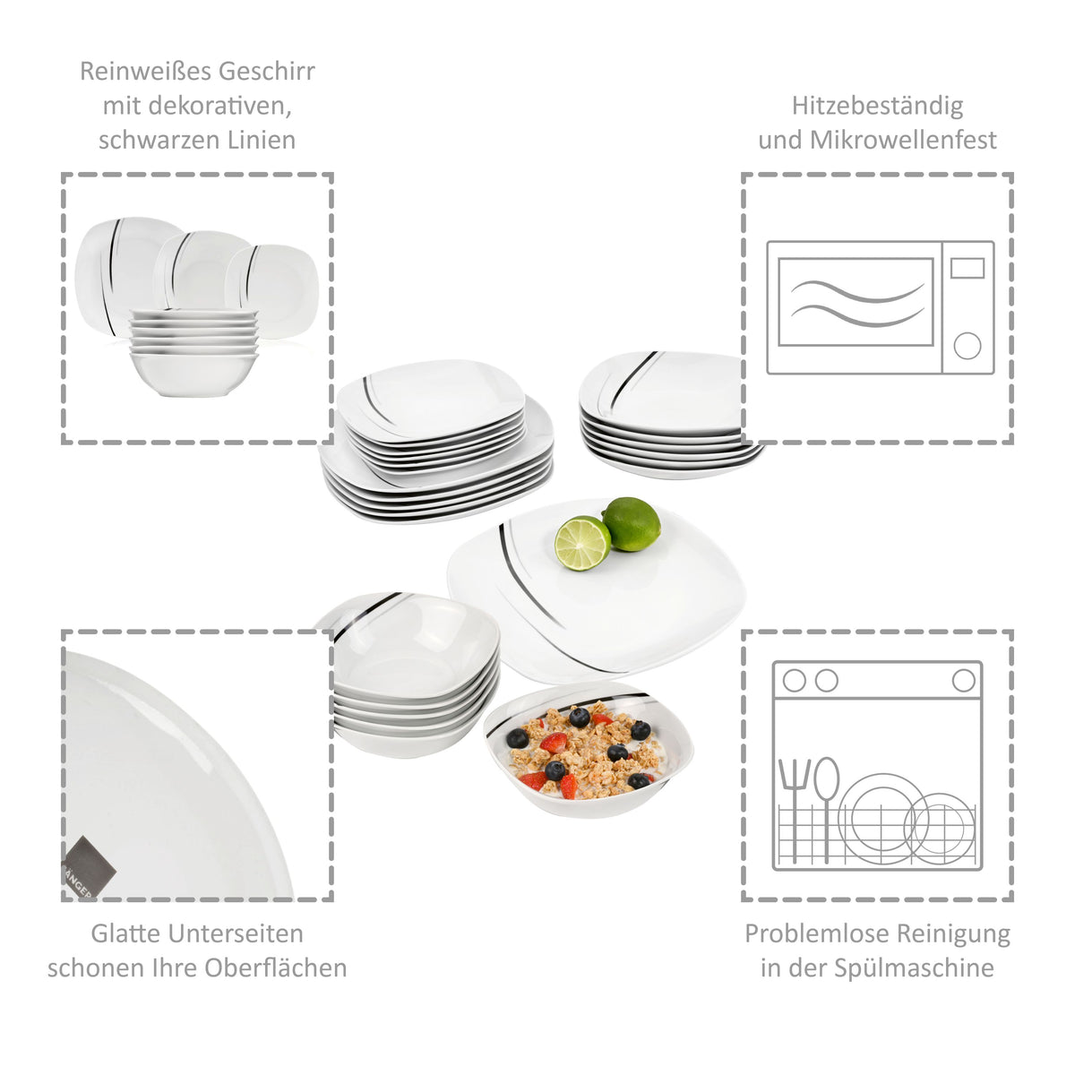 Porcelain Dinnerware Set Bilgola Black Lines, 24-Piece Combi-Set for 6 People