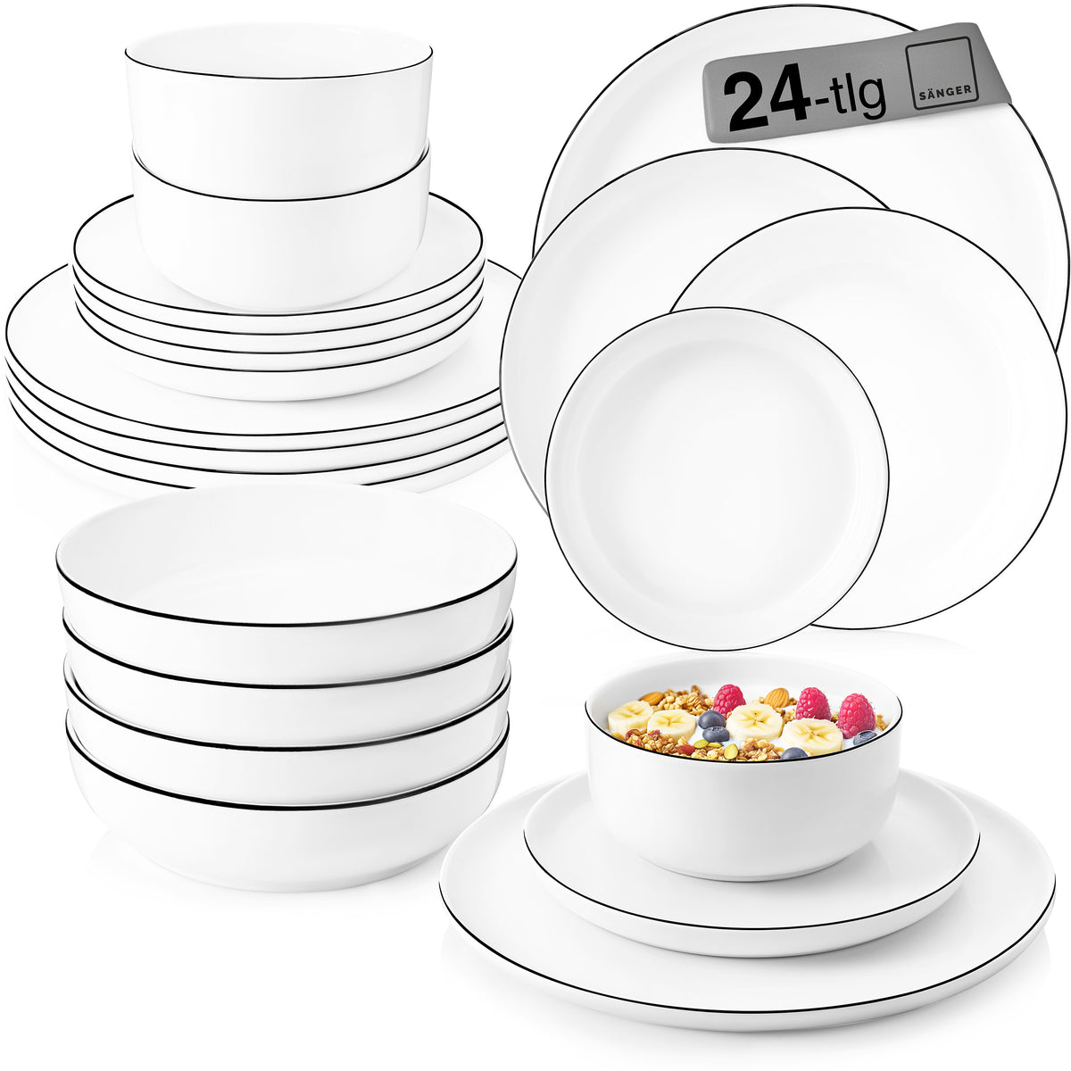 SÄNGER Porcelain Dinnerware Set Marlo Black Rim 24-Piece for 6 People