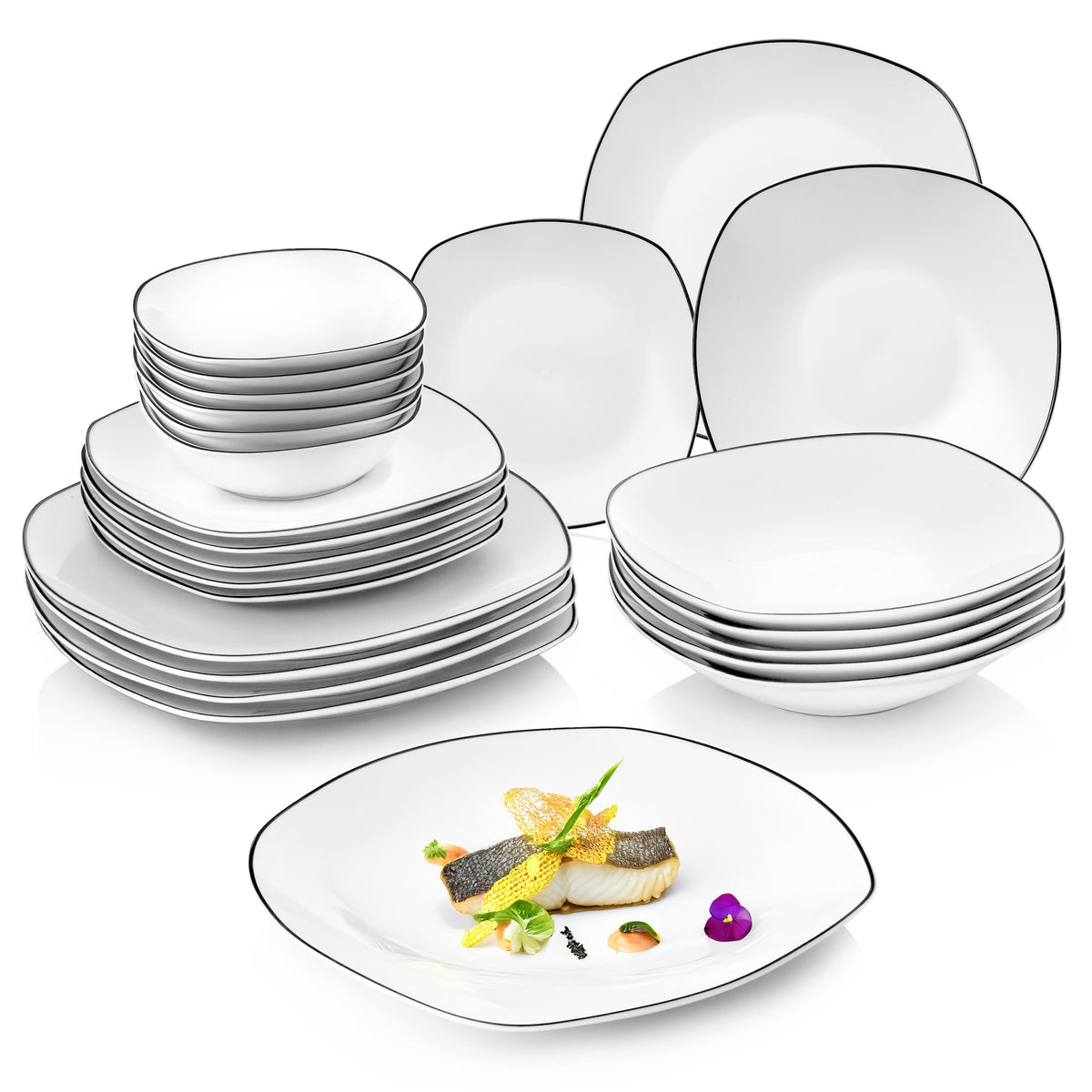 SÄNGER Porcelain Dinnerware Set Bilgola Black Rim, 24-piece Dinner Set for 6 People