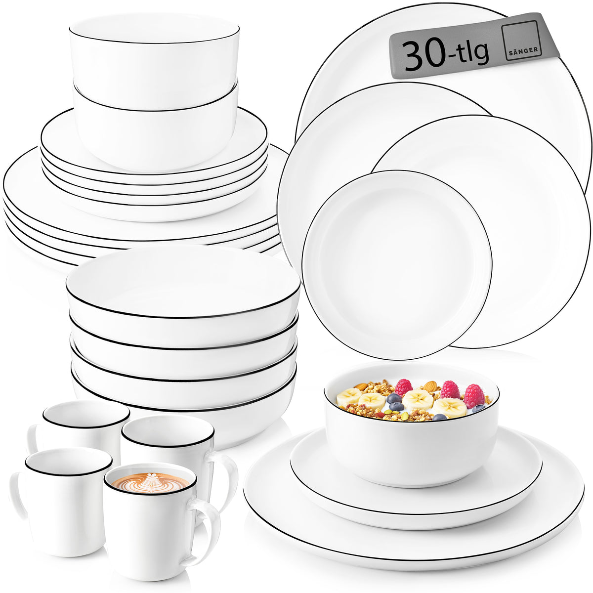 SÄNGER Porcelain Dinnerware Set Marlo Black Rim 30-Piece for 6 People