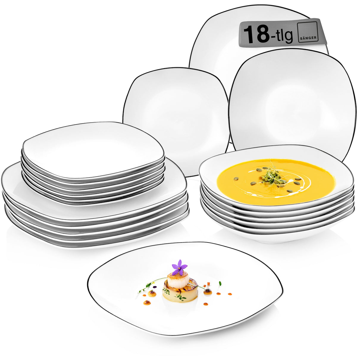 SÄNGER Porcelain Dinnerware Set Bilgola Black Rim, 18-Piece, for 6 People