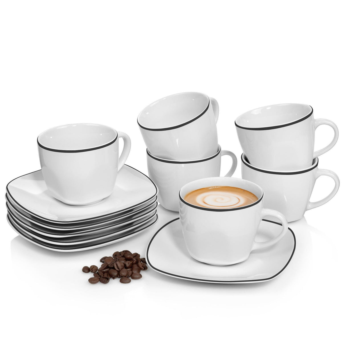 SÄNGER Porcelain Coffee Cup Set Bilgola Black Rim 12 pieces
